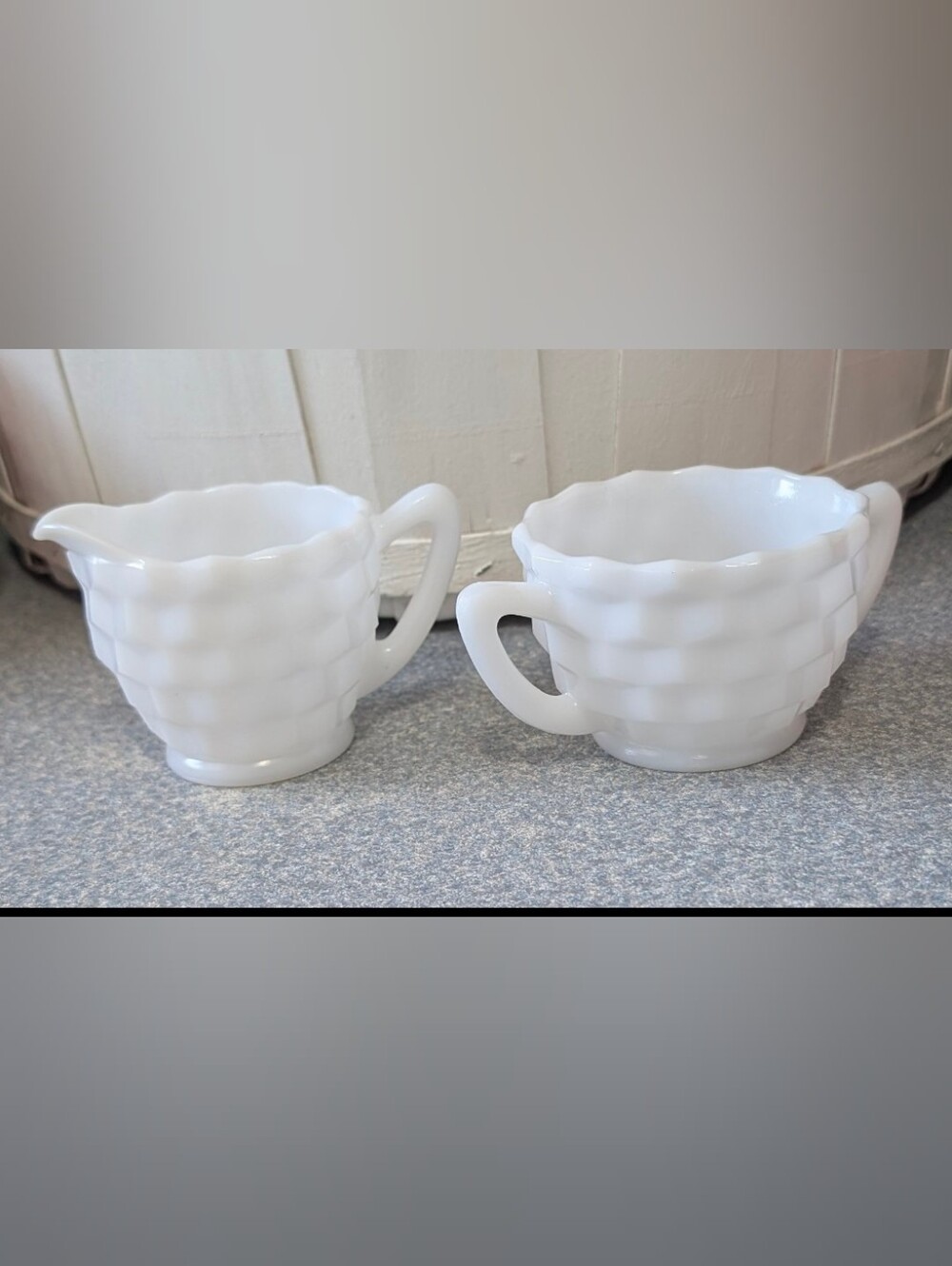 Vtg Jeannette Glass Milk Glass Cubist Cube Creamer Sugar Bowl Scalloped Set
